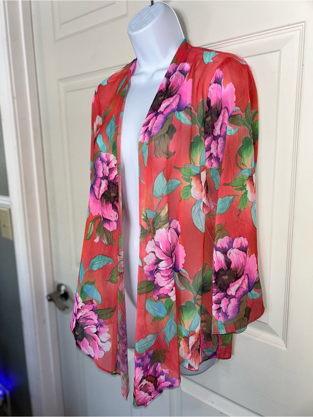 Slinky Brand Red Floral Open Front Kimono with Pink & Green Accents